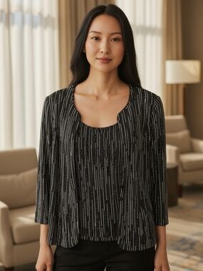 Vintage Alex Evenings Black & Silver Sparkle Two-Piece Tunic Stretch XL